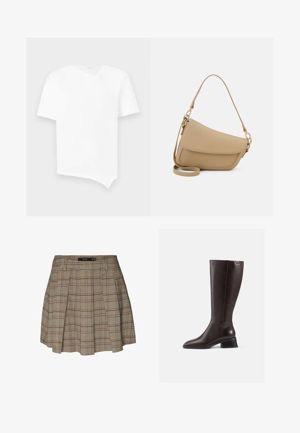 Tricou alb cu mânecă scurtă fabricat din bumbac. Prezintă un tiv asimetric și un decolteu ușor în formă de V cu un design fără cusături. Textură netedă.; Vero Moda VMELLIE MITTLERE TAILLE - Fustă în formă de A - silver mink; Botine din piele maro, până la genunchi, cu finisaj neted, vârf rotund și toc negru, stratificat. Design simplu, cu detalii hardware minime.; Even&Odd Geantă de mână - beige