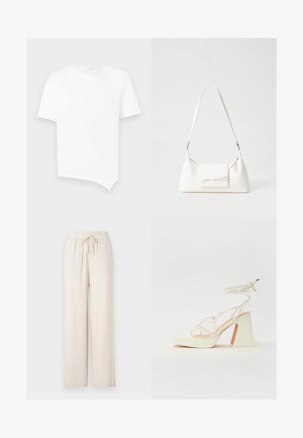 T-shirt blanc à manches courtes en coton. Présente un ourlet asymétrique et un léger col en V avec un design sans couture. Texture lisse.; Pantalons larges beige clair, fabriqués à partir d'un matériau doux et texturé. Dotés d'une taille élastique avec un cordon de serrage pour un ajustement.; Sandale blanche à talons hauts avec un talon épais, présentant un design à lanières et un lien autour de la cheville. Texture lisse avec une plateforme à l'avant pour une hauteur supplémentaire.; Sac à main synthétique blanc en forme triangulaire, avec un rabat avant plat et un détail en nœud, une bandoulière ajustable, une texture lisse et un design minimaliste.