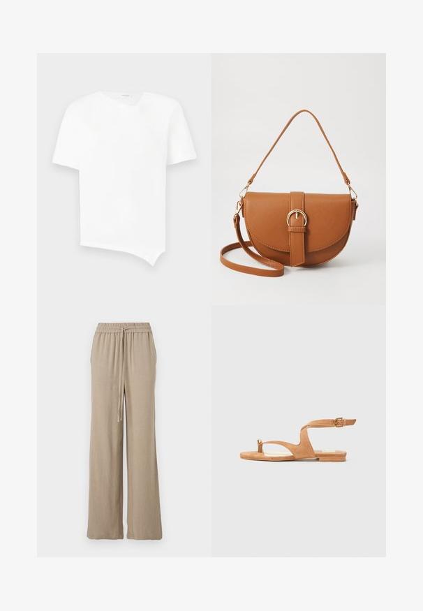 Balts īsām piedurknēm T-krekliņš, izgatavots no kokvilnas. Ar asimetrisku apakšmalu un vieglu V veida izgriezumu bez šuvēm. Gluda tekstūra.; Beige platās kājas bikses izgatavotas no viegla auduma. Tām ir elastīgs jostasvieta ar auklu un sānu kabatām. Gluda tekstūra.; Kraftīgi brūnas zamšādas sandales ar atvērtu purngalu, viļņotu dizainu, potītes siksniņu ar zelta aksesuāriem un plakanu zoli. Gluda tekstūra visā virsmā.; Brūns ādas plecu soma ar izliekta formu, zelta piederumiem un sprādzes akcentu. Iesaiņota ar noņemamu plecu siksnu.