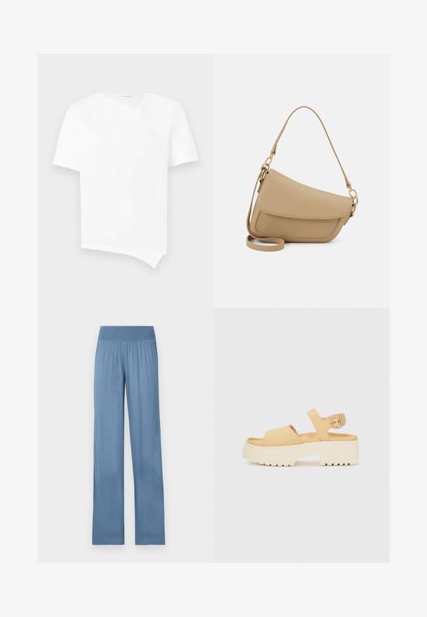 Valge lühikeste varrukatega T-särk, mis on valmistatud puuvillast. Omab asümmeetriat hemline'i ja kerget V-kaelust ilma õmblusteta kujunduses. Sile tekstuur.; Hele sinine laiad püksid korrigeeritud vöökoht, valmistatud tekstuurilisest kangast, sirge lõike ja täispikkusega disainiga.; Kollane faux nahast sandaal pakub muljetavaldavat valget platvormi. Sandaali disain sisaldab kahte laia rihma ja reguleeritavat pahkluu rihma, mis on varustatud metallist pandlaga.; Even&Odd Käekott - beige