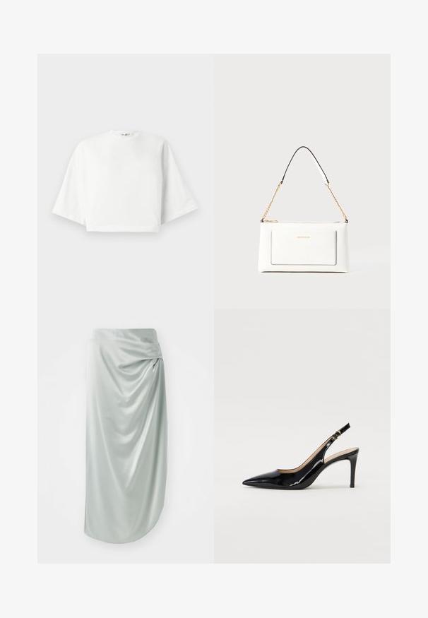 Witte, cropped t-shirt met een relaxte pasvorm, korte brede mouwen, ronde halslijn en zijsplitten, gemaakt van zacht katoen.; Lichtgroene satijnen rok met gedrapeerd ontwerp, middellang, gladde textuur, met een strikdetail aan de zijkant voor extra visuele interesse.; Zwarte gepatineerde leren slingback pump met een puntige neus, slanke hak en een subtiel uitgesneden ontwerp. Bevat een gouden gesp op de band.; Witte leren handtas met een textuurafwerking, voorzien van een gouden schouderhengsel en zwarte accenten. Inclusief een voorvak en ritssluiting.