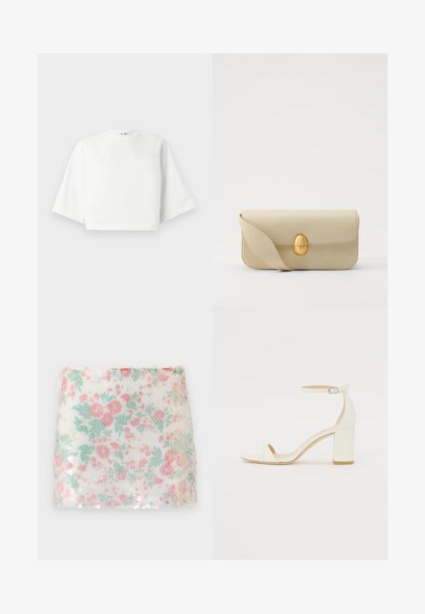 T-shirt bianco cropped con vestibilità rilassata, maniche corte e larghe, scollatura rotonda e spacchi laterali, realizzato in morbido cotone.; Tessuto bianco con motivo floreale, caratterizzato da fiori rosa pastello e verdi, con una superficie texturizzata e sottili paillettes lungo il bordo inferiore.; Sandal con tacco cubano bianco in pelle, caratterizzata da una cinghia alla caviglia con fibbia e design minimalista. Punta aperta e texture liscia in tutto il sandalo.; Borsa a tracolla in pelle beige con una superficie liscia, forma rettangolare e una chiusura ovale dorata. Dotata di una lunga tracolla regolabile.