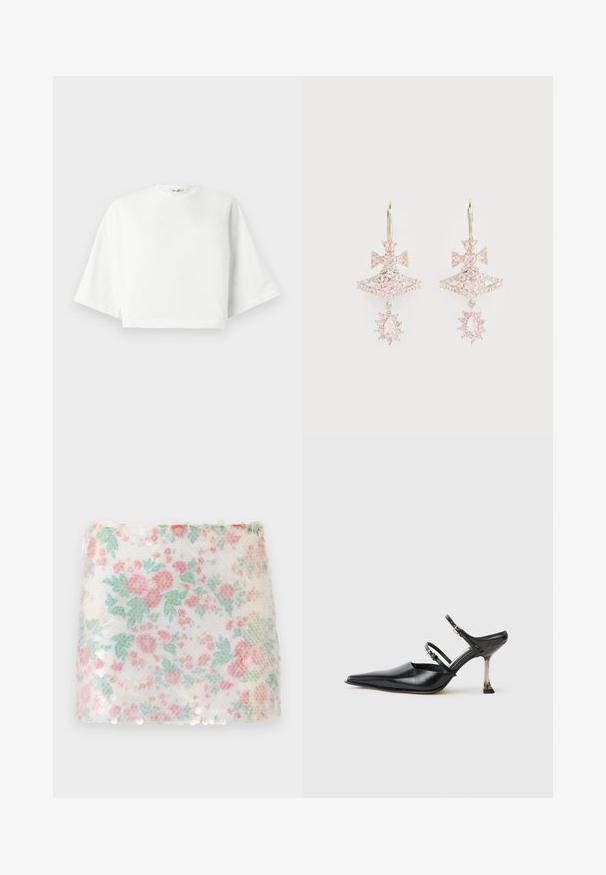 Biely skrátený tričko s voľným strihom, krátkymi širokými rukávmi, okrúhlym výstrihom a bočnými rozparkami, vyrobené z mäkkej bavlny.; Biely textil s kvetinovým vzorom, na ktorom sú pastelové ružové a zelené kvety, pričom má textúrovaný povrch a jemné trblietky po spodnom okraji.; Čierne kožené topánky na opätku s špicatou špičkou a dvoma nastaviteľnými popruhmi. Hladký povrch a minimalistický dizajn.; Ružové kamenné náušnice s dizajnom mašle, so zloženou štruktúrou a trblietavými akcentmi; kovové komponenty zachovávajú lesklý povrch.