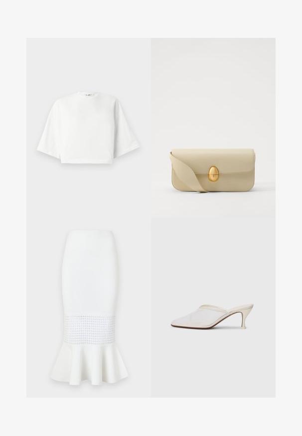 Weißes, kürzer geschnittenes T-Shirt mit lockerer Passform, kurzen, weit geschnittenen Ärmeln, rundem Ausschnitt und seitlichen Schlitzen, aus weichem Baumwollmaterial.; Weißer Midirock aus geripptem Stoff, mit einem Netzpanel am Saum und einem ausgestellten Saum. Glatte Textur mit runden Ausschnitten.; Weiße Mesh-Pantoletten mit spitzer Zehenform, schlankem Mittelabsatz und Slip-On-Design vor einem schlichten Hintergrund.; Beige Lederhandtasche mit glatter Textur, rechteckiger Form und einem goldenen ovalen Verschluss. Verfügt über einen langen, verstellbaren Trageriemen.