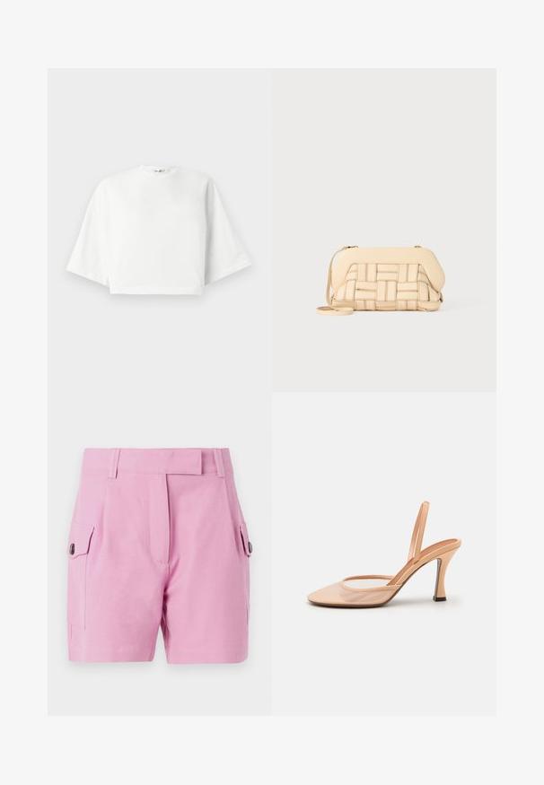 Balta trumpa marškinėlių su laisvu siluetu, trumpos plačios rankovės, apvalus kaklas ir šoninės skeltos, pagaminta iš minkštos medvilnės medžiagos.; Šviesiai rožiniai šortai su pritaikytu dizainu, plokščiu priekiu, šoninėmis kišenėmis su mygtukų užsegimais ir glotnia audinio tekstūra.; Nu nude tinklinė basutė su smailiu pirštu, plona kulkšnies juostele ir stileto kulnu, papildyta juodu akcentu prie pagrindo.; Austintais bežinis rankinukas su struktūrizuotu dizainu, turintis lygią viršutinę dalį ir ilgas diržas. Tekstūruoti elementai pagerina bendrą išvaizdą.