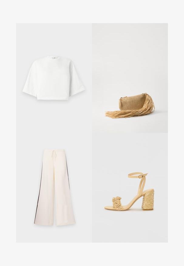 T-shirt blanc court à coupe décontractée, manches courtes larges, encolure ronde et fentes latérales, fabriqué en coton doux.; Pantalons larges créme en tissu lisse, avec une taille à cordon et des rayures contrastantes foncées sur les côtés. Conception à l'avant plat, sans poches.; Sandale à talons hauts beige avec une texture tressée, ornée d'une fleur décorative et d'une bride à la cheville. Le talon carré ajoute de la stabilité.; Cult Gaia VIERA - Pochette - natural