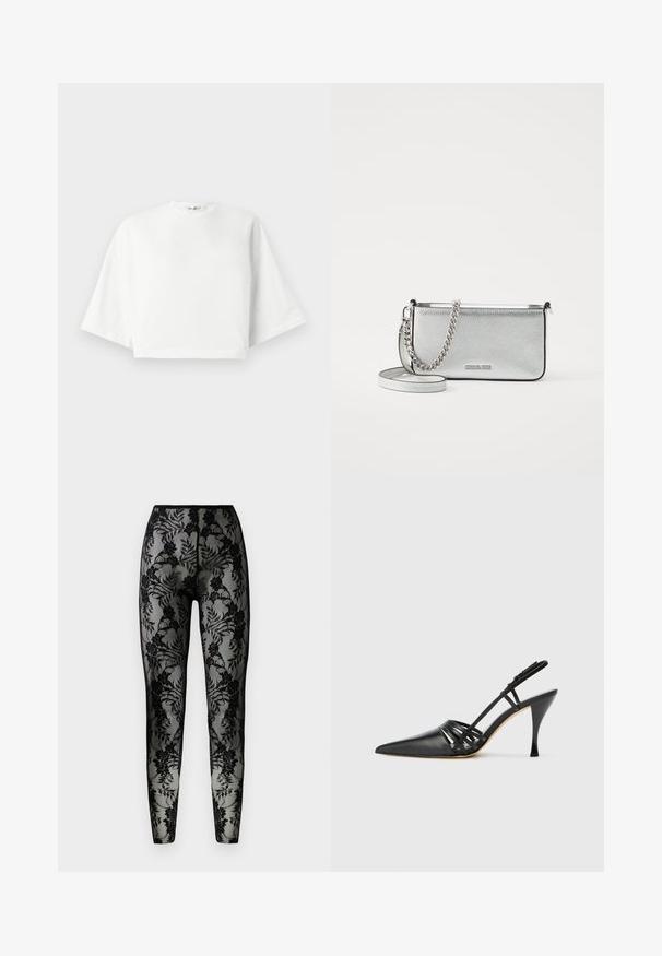 Camiseta branca cropped com ajuste relaxado, mangas curtas largas, decote redondo e fendas laterais, feita de material de algodão macio.; Leggings de renda preta com padrão floral, tecido transparente e um ajuste justo, com uma cintura suave e bainhas fechadas.; Sapato slingback de couro preto com salto alto, bico fino, design de tiras cruzadas e salto stiletto slim. Textura suave e acentos mínimos.; Bolsa crossbody de couro prateada com um acabamento texturizado, detalhes em corrente e alça, e fecho de zíper. Apresenta um logotipo na parte da frente.