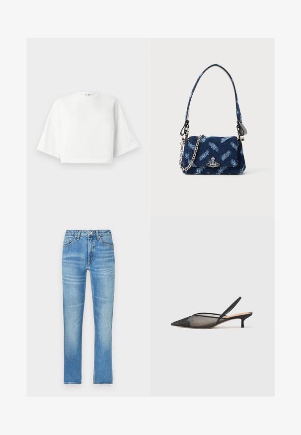 Fehér, rövidített póló laza fazonnal, széles rövid ujjakkal, kerek nyakkal és oldalsó hasítékokkal, puha pamut anyagból készült.; Világoskék farmernadrág egyenes szabással, elülső zsebekkel, gombos záródással és finom kopással az anyagon.; NEOUS IRENA - Klasszikus sarkú cipők - black; Sötétkék textil bevásárlótáska texturált mintával, ezüst hardware-ral és leválasztható láncos pánttal. Füllel zárható, logóval díszítve.