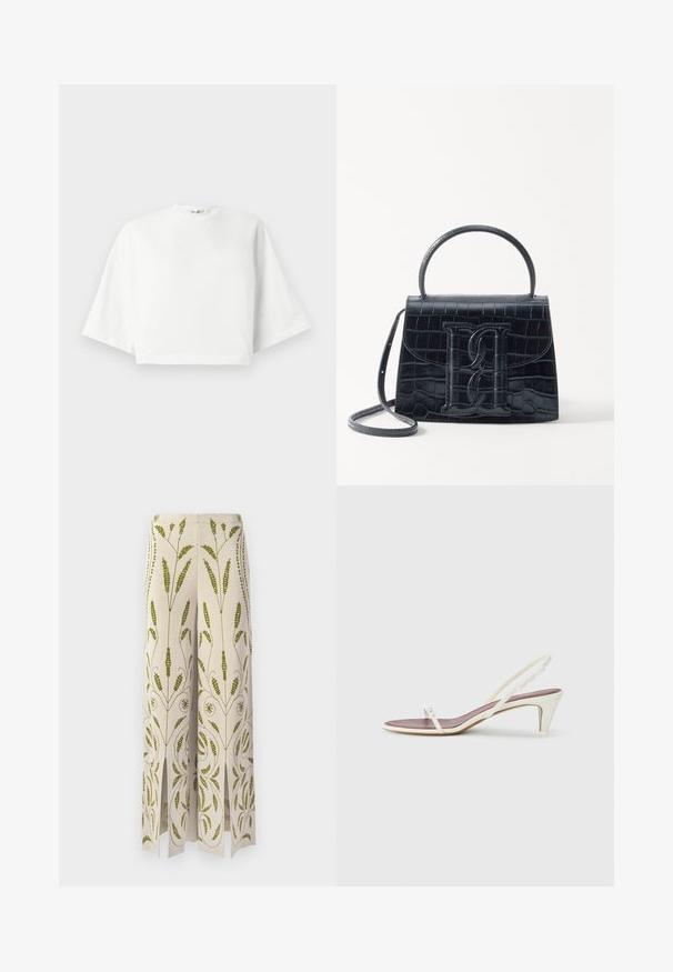 Valge lühikese varrukaga, lõdva istumisega, lühike t-särk, ümar kaelus ja küljetagused, valmistatud pehmest puuvillast materjalist.; Laiad püksid kreemivärvilisest kangast, millel on rohelised lillemustrid. Hemmikul on lõhikud ja keerukad botaanilised mustrid.; Valged slingback sandaalid kergelt kontsaga, õhukeste rihmade ja sileda nahatekstuuriga; sisaldavad väikest dekoratiivset pandlat.; Must musta krokodillimustriga nahast käekott, millel on struktureeritud disain, ülemine käepide, reguleeritav rihm ja silmapaistev esiküljel logo detail.