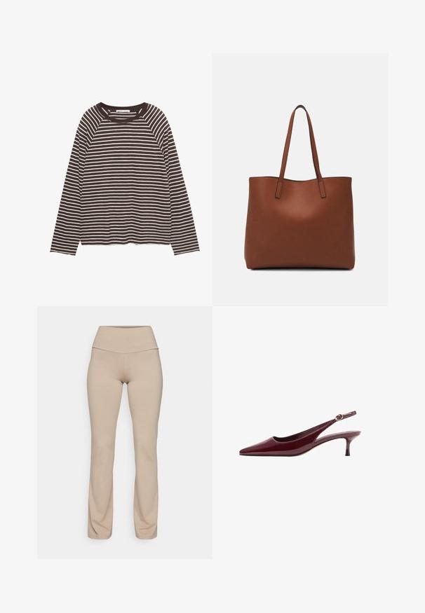 Pitkähihainen T-paita, jossa ruskeat ja valkoiset vaakaraidat, pyöreä pääntie ja rennompi istuvuus. Valmistettu pehmeästä, kevyestä kankaasta.; Beige legginsit, joissa on korkea vyötärö, on valmistettu pehmeästä ja joustavasta kankaasta. Niissä on sileä pinta ja tiukka muotoilu, joka kapenee nilkkaan.; Burgundin kiillottua nahkaa oleva slingback-kengät, joissa on terävä kärki ja ohut, tyylikäs korko. Strappissa on kultasävyinen soljen yksityiskohta.; Ruskea nahkainen olkalaukku, jossa on sileä pinta, avoin yläosa ja kaksi olkahihnaa. Omaavat vain minimaalisen ompelun eikä näkyvää metalliosaa.