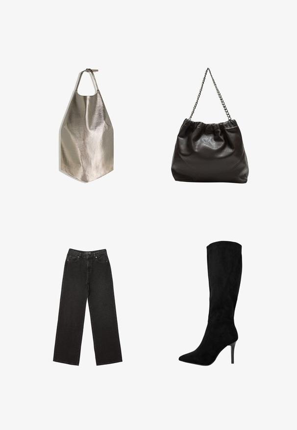 Metallic gray apron with a smooth texture, featuring a circular neck opening and a flat bottom edge. Simple design with adjustable strap.; Black wide-leg jeans made of denim, featuring small dotted patterns, classic five-pocket design, and a button and zip fly closure.; Black suede knee-high boot with a pointed toe and stiletto heel. Smooth texture, sleek design, no visible hardware or accents.; Brown leather bag with a gathered top and a chain strap. Smooth texture with a glossy finish and subtle seam detailing on the sides.