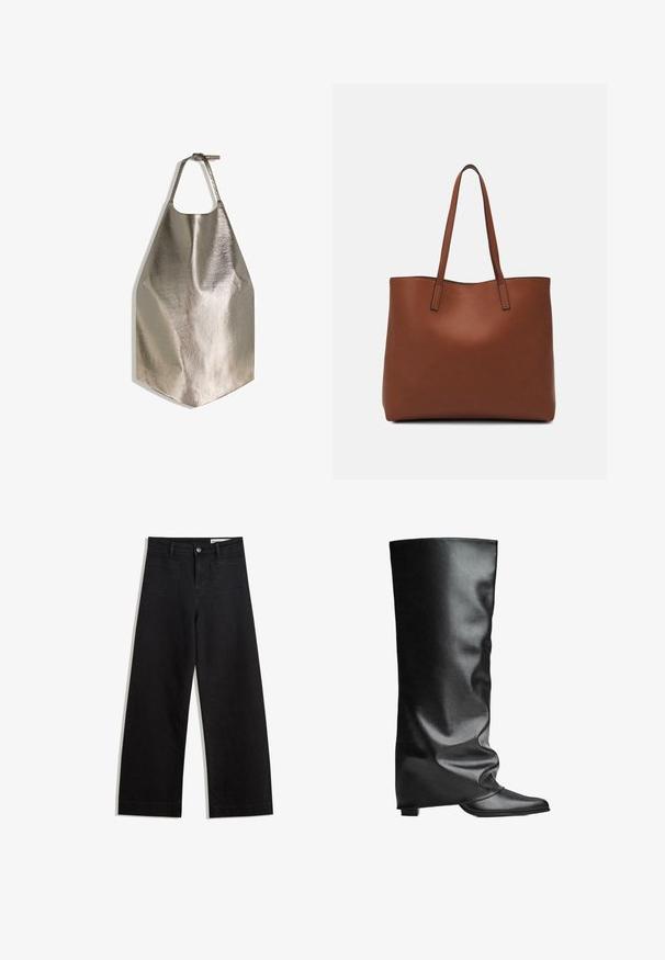 Metalická šedá zástěra s hladkým povrchem, s kulatým otvorem na krk a plochým spodním okrajem. Jednoduchý design s nastavitelným popruhem.; Černé denimové kalhoty s volným střihem a vysokým pasem, vybavené předními a zadními kapsami, prošívanými švy a knoflíkovým zapínáním. Hladká textura.; Černé kožené vysoké boty na kolena s hladkým povrchem, uvolněným designem, špičatou špičkou a nízkým čtvercovým podpatkem. Minimalistický styl bez viditelné kovové aplice.; Hnědá kožená taška přes rameno s hladkou texturou, otevřeným designem a dvěma ramenními popruhy. Obsahuje minimální švy a žádné viditelné kovové prvky.