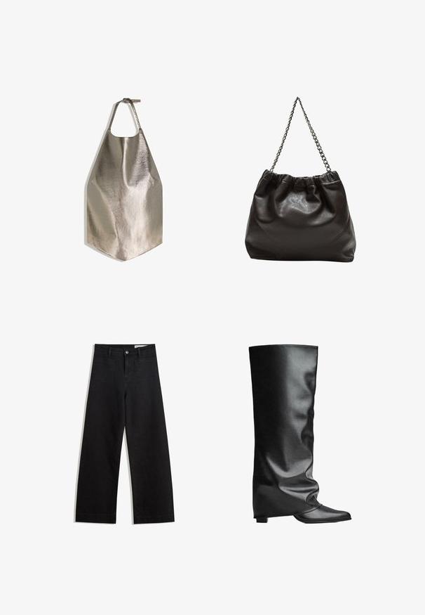 Metalna siva predpasnica z gladko teksturo, ki ima krožno otvoritev za vrat in ravno spodnjo rob. Preprost dizajn z nastavljivim trakom.; Črne široke denim hlače z visokim pasom, ki imajo sprednje in zadnje žepe, šivane šive ter gumbasto zapiranje. Gladka tekstura.; Črne usnjene škornje do kolen z gladko teksturo, mehkim dizajnom, koničastim nosom in nizko kvadratno peto. Minimalističen slog brez vidne opreme.; Rjava usnjena torba z nabranim vrhom in verižnim trakom. Gladka tekstura z sijajno površino in subtilnimi šivi na straneh.