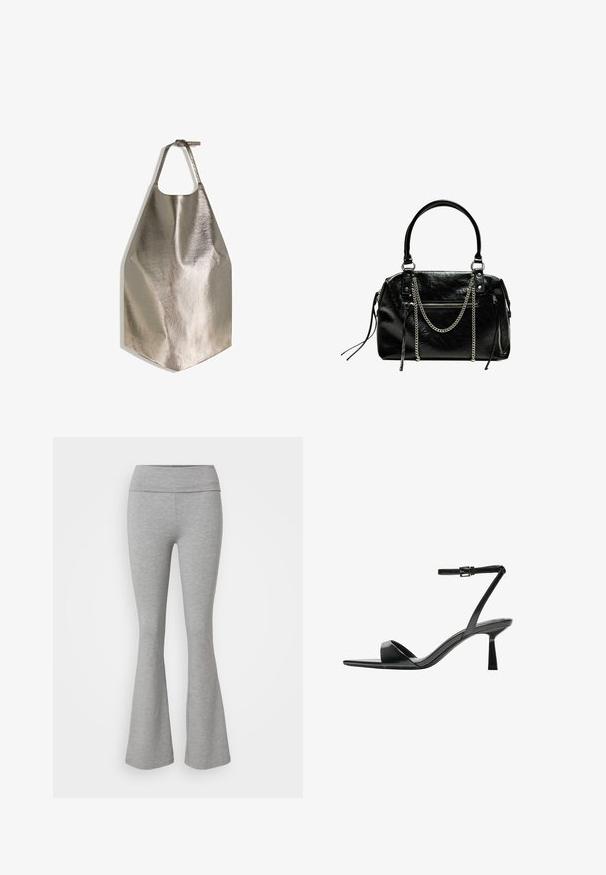 Metallinen harmaa esiliina, jossa on sileä pinta, jossa on pyöreä kaula-aukko ja tasainen alaosa. Yksinkertainen muotoilu säädettävällä hihnalla.; Harmaat muotoutuvat leggingsit, jotka on valmistettu pehmeästä puuvillasekoitekankaasta. Niissä on leveä vyötärö, ja ne tarjoavat sileän tekstuurin ja rentoon istuvuuden.; Bershka Korolliset sandaalit - black; Bershka WITH CHAIN - Käsilaukku - black