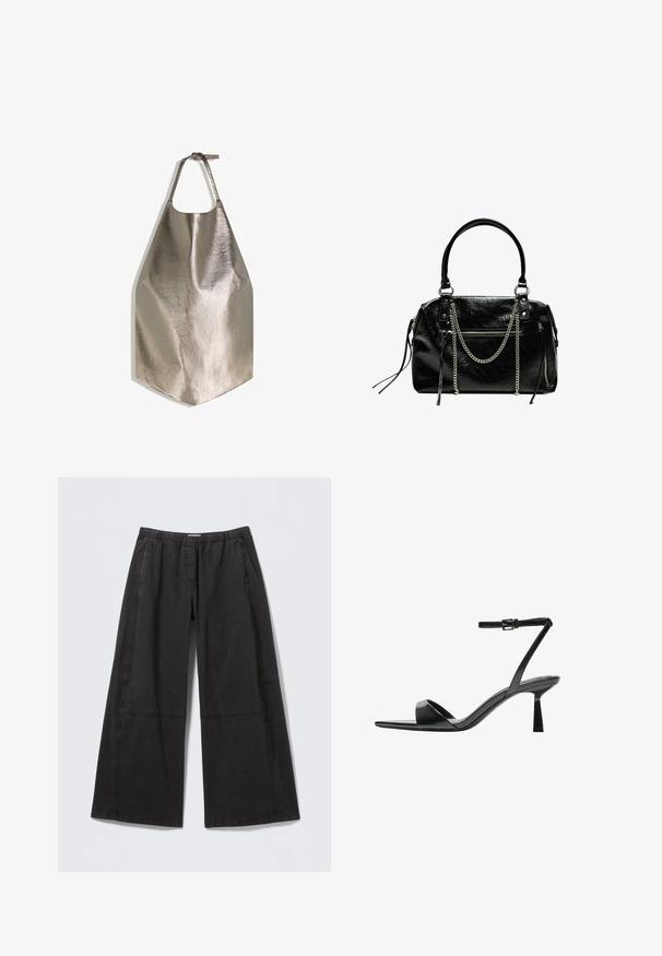 Pălărie metalică de culoare gri cu o textură netedă, având o deschidere circulară pentru gât și o margine inferioară dreaptă. Design simplu cu curea ajustabilă.; Pantaloni negri cu talie largă, din bumbac, cu talie elastică, material texturat și detalii cu panouri cusute de-a lungul părților laterale.; Bershka Sandale cu toc - black; Bershka WITH CHAIN - Geantă de mână - black