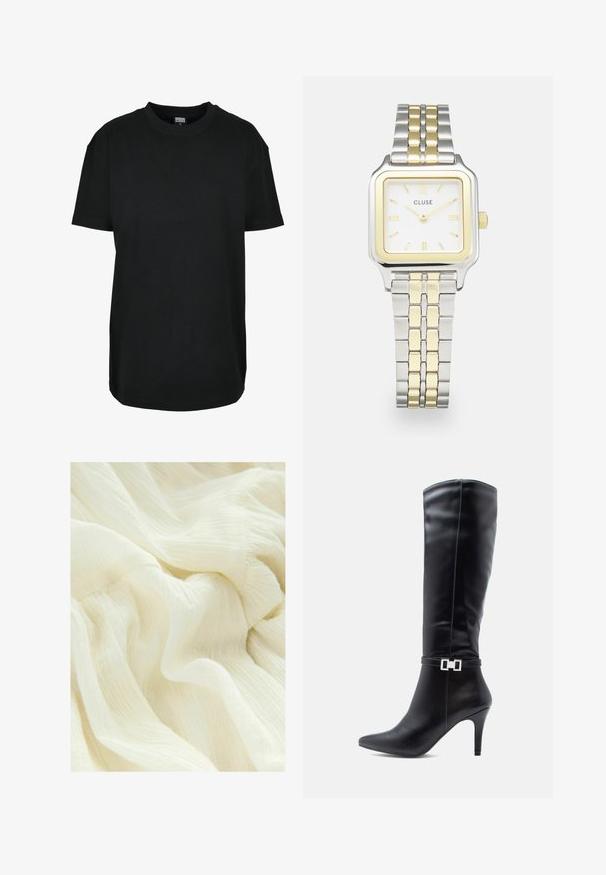 Melnas kokvilnas T-krekls ar apaļu kakla izgriezumu, īsām piedurknēm, brīvu piegriezumu un vienkāršu dizainu. Nav redzamu rakstu vai akcentu.; Saburzīgs balts audums ar mīkstu, caurspīdīgu tekstūru. Materiāls izskatās viegls un plūstošs, ar smalkām toņu atšķirībām.; Melnas ādas ceļgala zābaki ar smailu degunu, augstu stiletto papēdi un dekoratīvu sudraba sprādzi ap potīti.; Kvadrātveida Cluse pulkstenis ar baltu seju, zelta un sudraba akcentiem, kā arī bi-metāla siksna ar maiņojošiem zelta un sudraba saitēm.