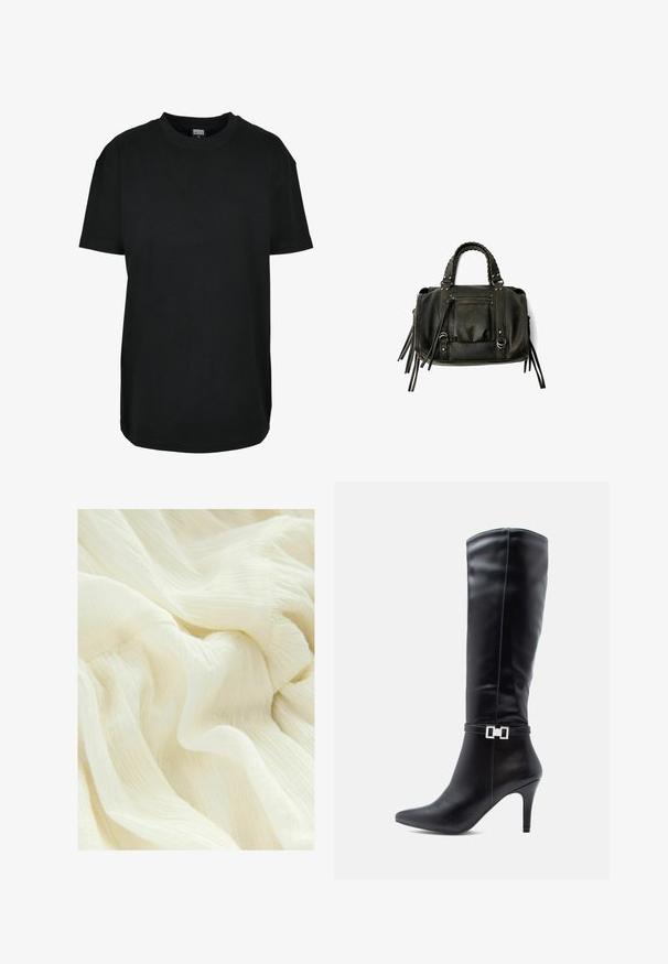 Czarna bawełniana koszulka z okrągłym dekoltem, krótkimi rękawami, luźnym krojem i prostym wzorem. Brak widocznych wzorów lub akcentów.; Pomarszczona biała tkanina o miękkiej, przezroczystej fakturze. Materiał ma lekką, zwiewną aparycję z subtelnymi różnicami w odcieniu.; Czarne skórzane kozaki do kolan z wydłużonym noskiem, wysokim obcasem w szpilce i dekoracyjnym srebrnym zapięciem wokół kostki.; Czarna skórzana torebka z plecionymi uchwytami, kieszenią na zamek i zawieszkami. Teksturowana powierzchnia z metalowymi ćwiekami i akcentami ze stali.