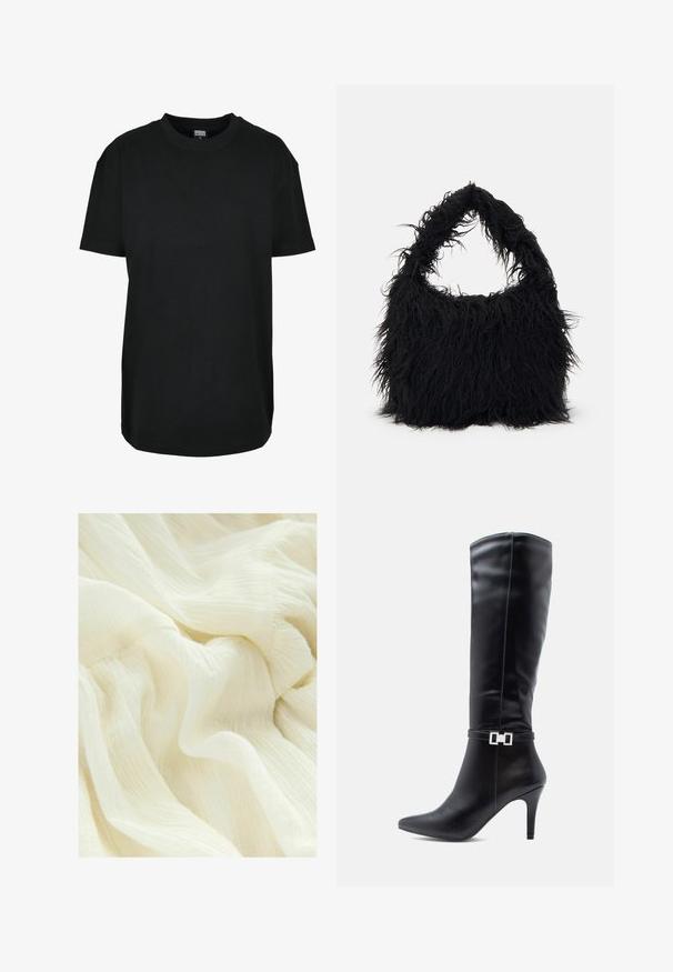 Black cotton t-shirt with a round neck, short sleeves, relaxed fit, and plain design. No visible patterns or accents.; Crinkled white fabric with a soft, sheer texture. The material has a lightweight, flowing appearance with subtle variations in tone.; Black leather knee-high boot with a pointed toe, high stiletto heel, and a decorative silver buckle detail around the ankle.; Even&Odd Tote bag - black