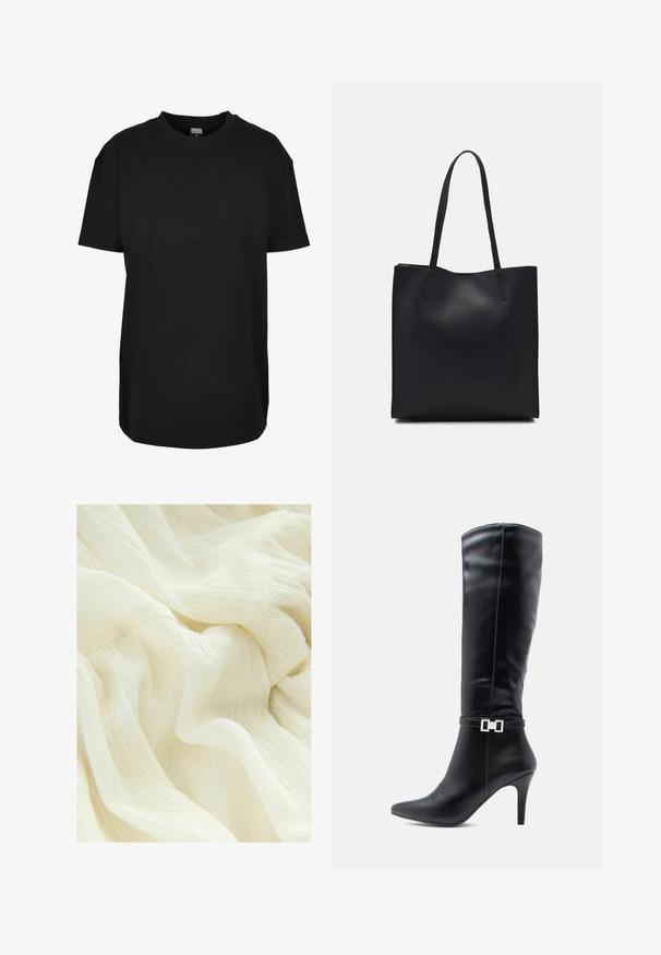 Black cotton t-shirt with a round neck, short sleeves, relaxed fit, and plain design. No visible patterns or accents.; Crinkled white fabric with a soft, sheer texture. The material has a lightweight, flowing appearance with subtle variations in tone.; Black leather knee-high boot with a pointed toe, high stiletto heel, and a decorative silver buckle detail around the ankle.; Black leather tote bag with smooth texture, rectangular shape, and two long handles. No visible hardware or embellishments.