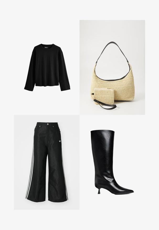 Czarna, długorękawowa koszulka z miękkiej bawełny. Posiada okrągły dekolt, luźny krój oraz minimalistyczny design bez wzorów i ozdób.; Czarne dżinsy o szerokich nogawkach z trzema białymi paskami po bokach i małym białym logo. Posiadają przednie kieszenie i zapięcie na guzik.; Czarne skórzane kozaki do kolan z wydłużonym noskiem, smukłą sylwetką i niskim obcasem w formie blokowego kształtu o błyszczącym wykończeniu.; Woven straw handbag o zaokrąglonym kształcie, z gładkim czarnym skórzanym paskiem oraz dopasowaną małą sakiewką przypiętą na pasku na nadgarstek.