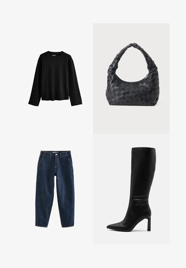 T-shirt noir à manches longues en coton doux. Présente un col rond, une coupe décontractée et un design minimaliste sans motifs ni embellissements.; Pantalon en denim bleu foncé à coupe ample, doté de cinq poches, d'une fermeture à bouton et de détails de couture visibles.; Even&Odd Bottes - black; Sac en cuir noir tissé avec une poignée arrondie et un corps en forme de croissant sur un fond uni.