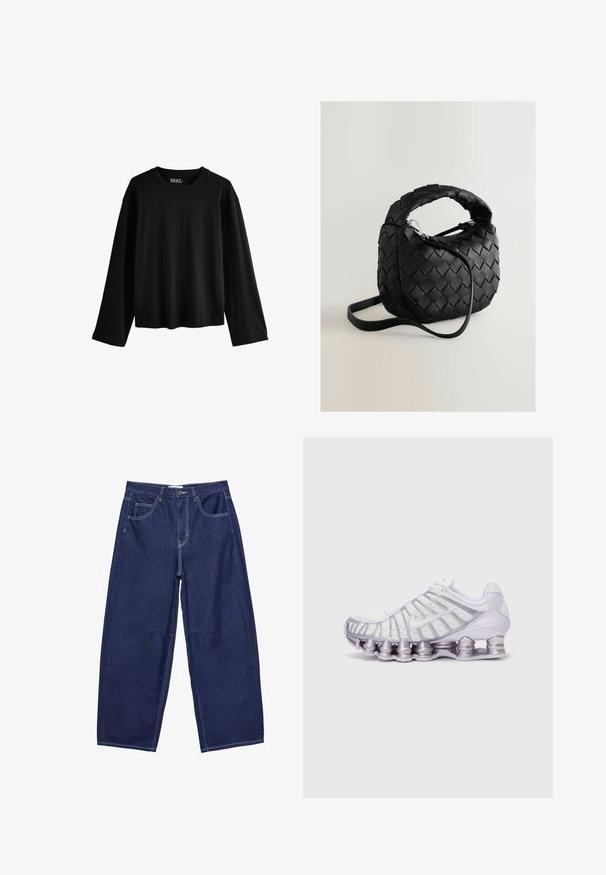 Sort langærmet T-shirt lavet af blødt bomuld. Har en rund halsudskæring, afslappet pasform og minimalistisk design uden mønstre eller pynt.; Mørkeblå denim bukser med brede ben og høj talje, fem lommer og kontrasterende hvid syning. Glat tekstur, klassisk design.; Hvide og lilla sportsko med en mesh-overdel, et karakteristisk bølgemønster og store, afrundede stødabsorberende puder i sålen.; Sort flettet lædertaske med en rund form, flere flettehanke, lynlåslukning og en justerbar skulderrem. Tekstureret overflade.