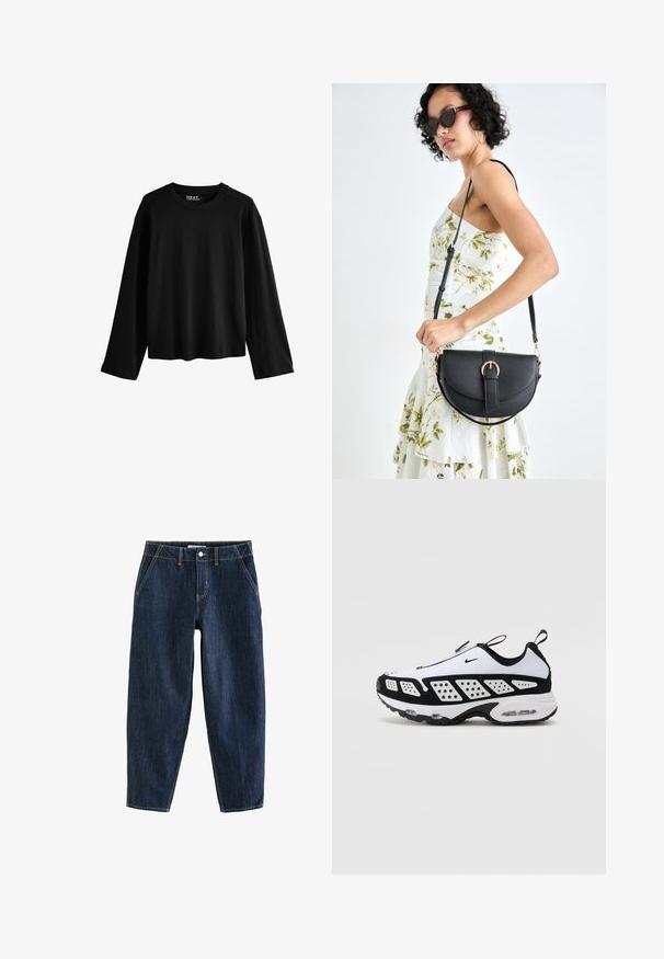 Fekete, hosszú ujjú póló, puha pamutból készült. Kerek nyakú, laza sziluettel rendelkezik, és minimalista dizájn jellemzi, minták vagy díszítések nélkül.; Sötétkék farmernadrág laza szabással, öt zsebbel, övbújtatókkal és kontrasztos sárga varrással. Tiszta, textúrált anyag.; Nike sportcipő fehér és fekete színben. Streamlined designnal, lélegző hálós anyaggal és kontrasztos perforált panelek jellemzi. Látható légpárna a talpban.; Fekete bőrtáska ívelt formával, levehető pánttal és arany színű fémrészekkel. A táskán egy csattal díszített fedél található.