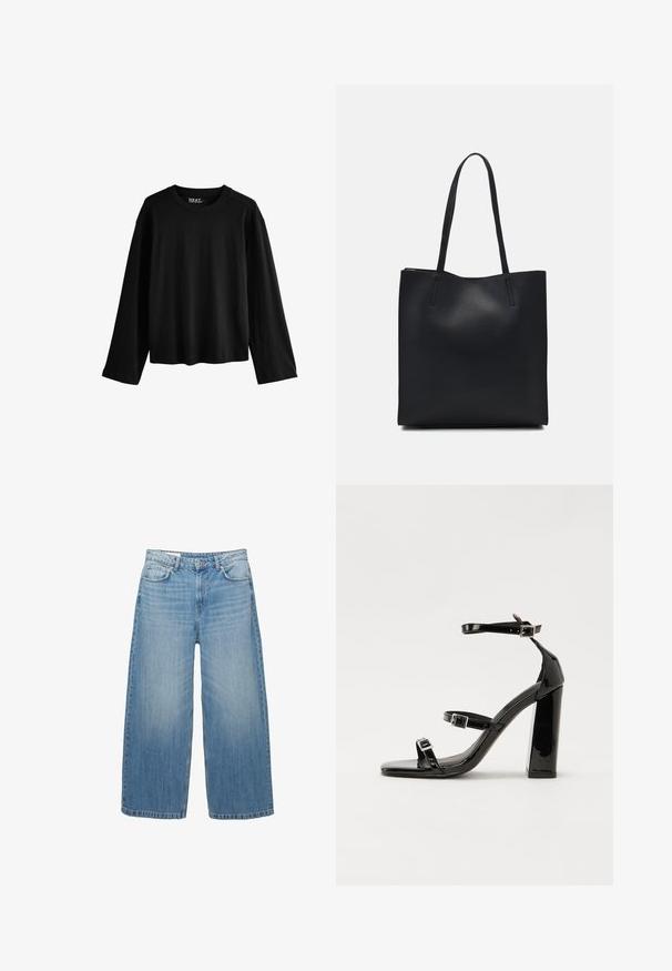 Crna dugih rukava majica od mekanog pamuka. Ima okrugli izrez, opušteni kroj i minimalistički dizajn bez uzoraka ili ukrasa.; Svijetloplave široke traperice izrađene od denima, s klasičnim dizajnom pet džepova i zatvaranjem na gumb. Ispucala textura cijelim površinom.; Crne lakirane sandale na pete sa kvadratnim nosom, trakama oko gležnja i srebrnim kopčama. Imaju čvrst blok petu za stabilnost.; Crna kožna torba za nošenje s glatkom teksturom, pravokutnim oblikom i dvije duge ručke. Nema vidljivih metalnih dijelova ili ukrasa.