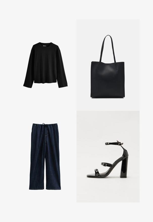Svart långärmad T-shirt i mjuk bomull. Har rund halsringning, avslappnad passform och en minimalistisk design utan mönster eller utsmyckningar.; Mörk denimbyxor med vida ben och dragsko i midjan, med två framfickor och en slät, stadig textur.; Svarta lackerade högklackade sandaler med två spännband, fyrkantig tå och en tjock klack, med en slät och glansig yta.; Svart lädertoffelväska med slät textur, rektangulär form och två långa handtag. Ingen synlig hårdvara eller dekorationer.