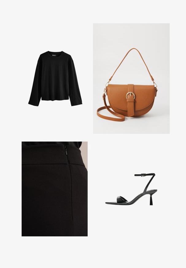 Zwarte langarm T-shirt van zacht katoen. Beschikt over een ronde halslijn, een relaxed fit en een minimalistisch ontwerp zonder patronen of versieringen.; Zwarte rok van een textuurstof, met een verborgen ritssluiting aan de zijkant en een gladde tailleband voor een strakke uitstraling.; Bershka Sandalen met hoge hak - black; Bruine leren schoudertas met een gebogen vorm, gouden hardware en een gespaccent. Bevat een afneembare schouderriem.