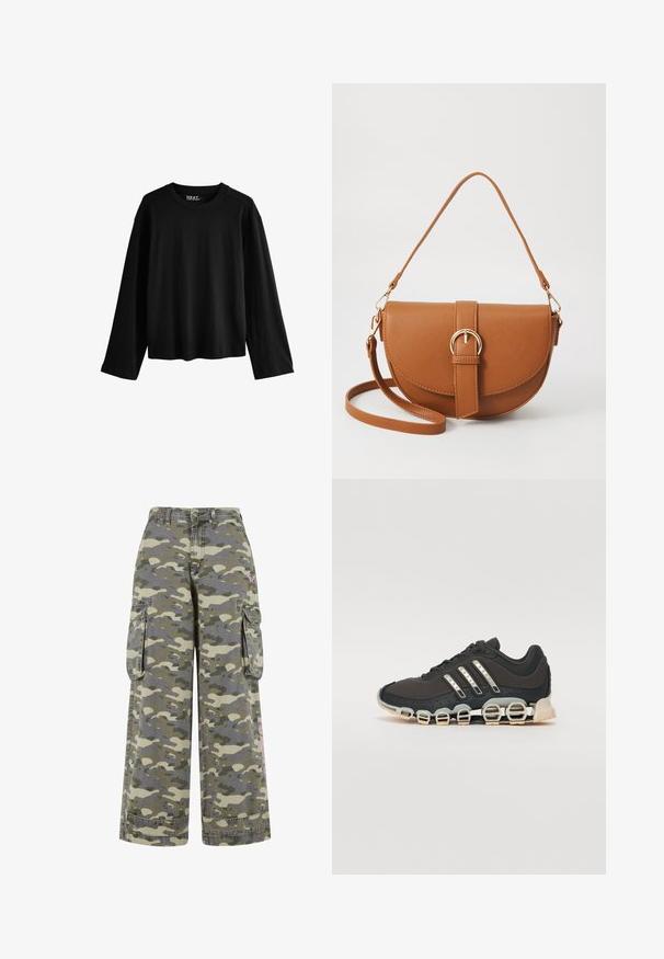 Must have pikka, pika varrukatega T-särk, mis on valmistatud pehmest puuvillast. Omab ümmargust kaelust, mugavat lõike ja minimalistlikku disaini ilma mustrite või kaunistusteta.; Roheline ja beež kamuflaažmuster, millel on avar lõige, kaks küljetaskut ja roosa aksent jalas.; Must have sportlik kingad musta värvi, millel on tekstuuriga pealisosa, kolm hõbedast triipu ja eristuv pehmendusnähtus, millel on mitmed integreeritud osad.; Pruun nahast õlakott, millel on kumer kuju, kullavärvi riistvara ja pandlaga kaunistus. Omab eemaldatavat õlarihma.