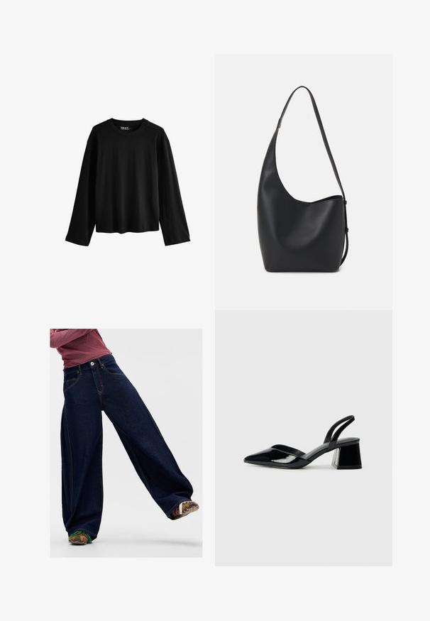 Črna dolga majica z dolgimi rokavi, izdelana iz mehkega bombaža. Ima okroglo vratno izreza, sproščen kroj in minimalističen dizajn brez vzorcev ali okrasnih elementov.; Temno modri široki jeans iz denima, z kontrastnimi šivi, sprednjim žepom in gumbnim pasom. Vidna teksturirana tkanina.; Črne lakirane slingback pete s koničastim nosom in geometrijsko blokasto peto. Imajo eleganten, minimalističen dizajn in gladko teksturo.; Črna usnjena hobo torba z gladko teksturo, ukrivljeno obliko in eno nastavljivo naramnico; ima širok odprtina na vrhu.