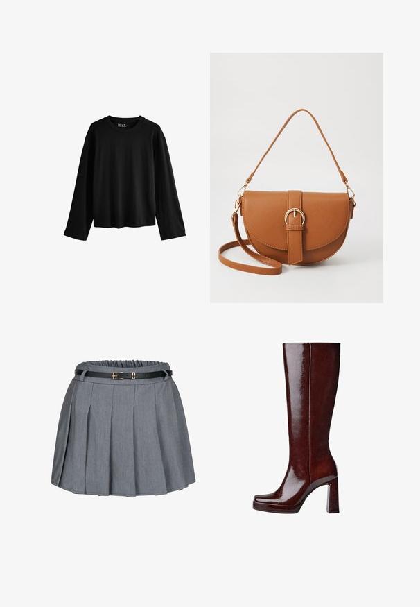 Schwarzes Langarm-T-Shirt aus weicher Baumwolle. Mit Rundhalsausschnitt, lockerer Passform und minimalistischem Design ohne Muster oder Verzierungen.; Grauer Faltenrock mit gatherd Taille und einem schwarzen Gürtel mit goldener Schnalle. Weicher Stoff mit glatter Textur.; Knöchelhohe, glänzende bordeauxrote Lederstiefel mit quadratischer Zehenpartie, erhöhtem Plateau und klobigem Blockabsatz. Glatte Textur mit minimaler Detailierung.; Braune Leder-Crossbody-Tasche mit geschwungener Form, goldfarbenen Beschlägen und einer Schnallenakzentuierung. Verfügt über einen abnehmbaren Schultergurt.