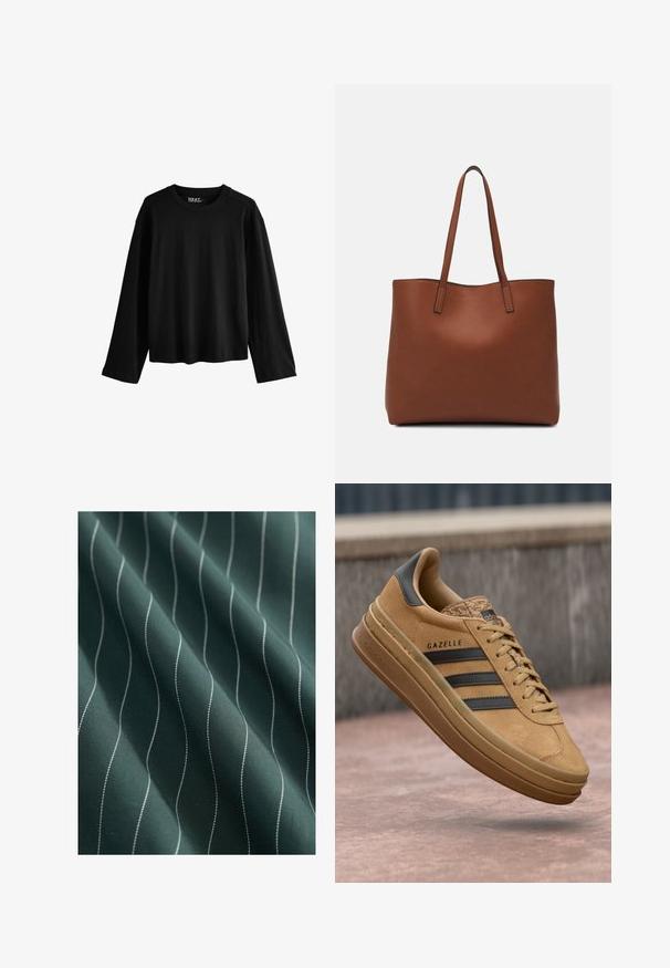 Čierne tričko s dlhým rukávom z jemnej bavlny. Má okrúhly výstrih, voľný strih a minimalistický dizajn bez vzorov alebo ozdobných prvkov.; Tmavozelená látka s hladkým povrchom, na ktorej sú vertikálne biele vlnité pruhy, vytvárajúce jemný vzor.; Svetlé semišové tenisky s hladkým povrchom, obsahujúce tri tmavé pruhy, zaoblenú špičku a hrubšiu podrážku so vzorovaným okrajom.; Hnedá kožená taška na rameno s hladkou textúrou, otvoreným vrchom a dvoma ramenými popruhmi. Má minimálne šitia a žiadne viditeľné kovania.