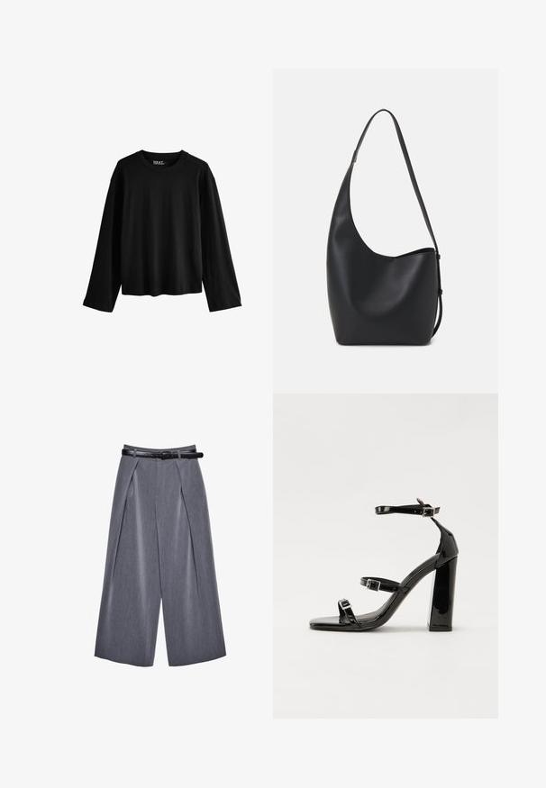 T-shirt nero a maniche lunghe realizzato in morbido cotone. Presenta un collo rotondo, una vestibilità rilassata e un design minimalista senza motivi o decorazioni.; Pantaloni grigi a gamba larga con pieghe frontali e una cintura nera, realizzati in tessuto liscio, esposti su uno sfondo bianco.; Sandali con tacco in vernice nera, con punta squadrata, cinturini alla caviglia e fibbie in argento. Presentano un tacco a blocco spesso per maggiore stabilità.; Borsa hobo nera in pelle con una superficie liscia, forma curvata e una singola tracolla regolabile; presenta un'ampia apertura nella parte superiore.