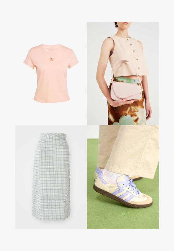 T-shirt in cotone color pesca con scollatura rotonda e maniche corte. Caratterizzato da un piccolo logo Adidas tono su tono sul petto. Texture liscia.; Una gonna lunga fino al ginocchio in un motivo a quadri verde chiaro e bianco, caratterizzata da una consistenza liscia e una silhouette aderente con tasche laterali.; Sneakers crema e lavanda con tre strisce e suola marrone texturizzata, dotati di lacci e tallone imbottito. Parte superiore in tessuto morbido.; Borsa in pelle rosa con pattina curva, tracolla singola e linee pulite. La borsa presenta una texture liscia e un design minimalista.