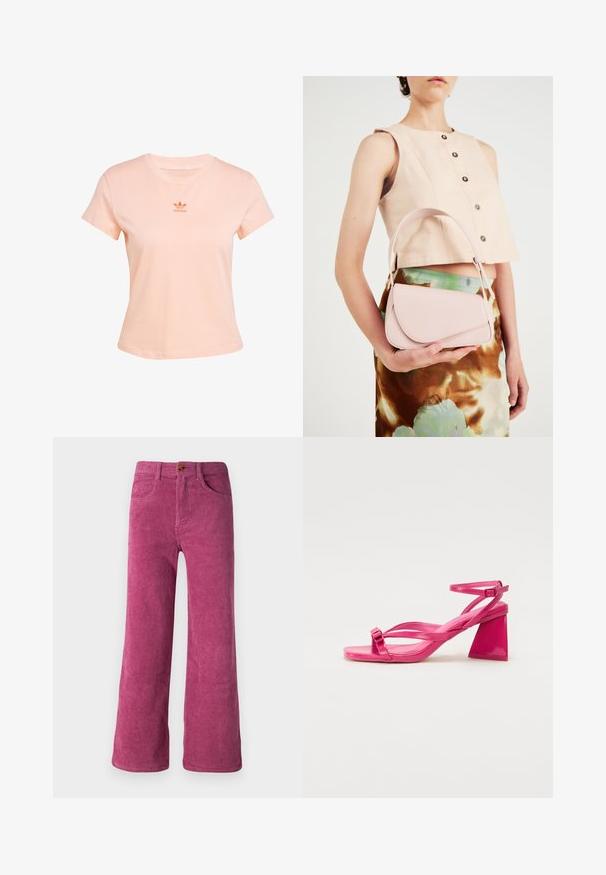 Perzikkleurig katoen t-shirt met een ronde halslijn en korte mouwen. Beschikt over een klein, tonale Adidas-logo op de borst. Gladde textuur.; Wijde corduroy broek in een levendige roze kleur, met een verticale ribbeltextuur, standaard zakken en een enkele knoopsluiting.; Roze lakleren sandalen met hakken, een vierkante punt, smalle banden en een geometrische blokhak. Met een gespdetail op de band.; Roze leren handtas met een gebogen klep, één schouderband en strakke lijnen. De tas vertoont een gladde textuur en een minimalistisch ontwerp.
