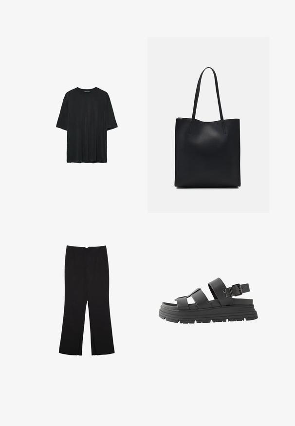 Čierne tričko s krátkym rukávom vyrobené z jemného materiálu, s okrúhlym výstrihom a voľným strihom bez viditeľných vzorov alebo akcentov.; Čierne nohavice so strihom rovného strihu, s prednými vreckami a bočnými rozparkami na leme. Vyrobené z mäkkej, hladkej tkaniny. Vhodné na rôzne príležitosti.; Čierne platformové sandále s dvojitými nastaviteľnými popruhmi a prackou. Vyrobené z hladkej kože s textúrovanou gumovou podrážkou.; Čierna kožená taška na rameno s hladkým povrchom, obdĺžnikovým tvarom a dvoma dlhými uchami. Bez viditeľného kovania alebo ozdôb.