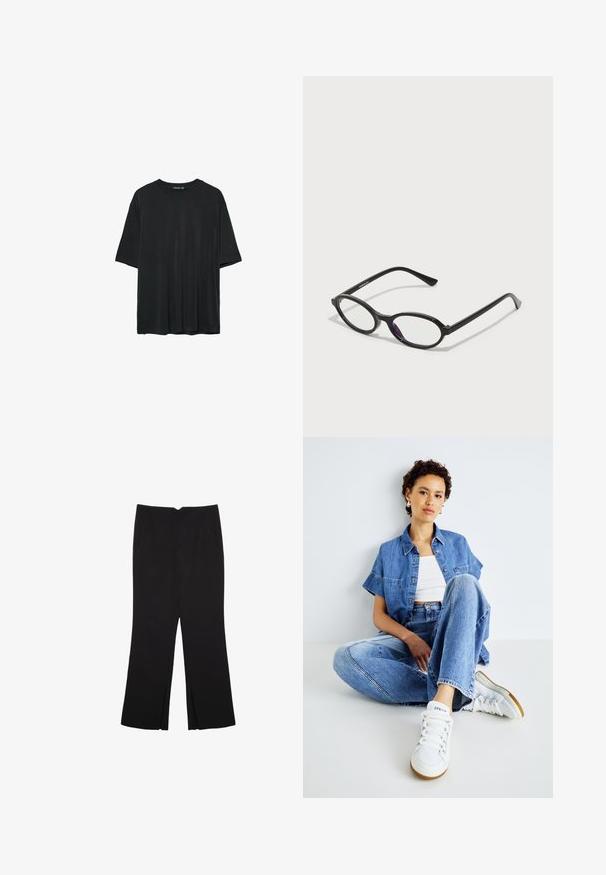 Sort kortærmet t-shirt lavet af blødt stof, med rund halsudskæring og en afslappet pasform uden synlige mønstre eller detaljer.; Sorte bukser med lige pasform, der har frontlommer og slidser i kanten. Lavet af blødt, glat stof. Velegnet til forskellige anledninger.; To-delt denim-outfit med en lyseblå kort skjorte med korte ærmer og højtaljede jeans. Sættet er kombineret med hvide sneakers.; Sorte ovale briller med gennemskinnelige lilla accenter på linserne. Rammen har en mat finish og slanke, lige stænger.