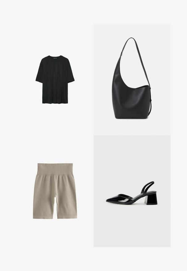 Musta lyhythihainen t-paita pehmeästä kankaasta, jossa on pyöreä kaula-aukko ja rento istuvuus, ilman näkyviä kuvioita tai koristeita.; Lyhyet beige ribbitetut pyöräilyhousut, joissa on korkea vyötärö ja pehmeä rakenne. Housuissa on tiukka istuvuus ja polven mittainen muotoilu.; Mustat patentoitu nahkakengät, joissa on säären takaosa ja terävä kärki, sekä geometrinen palikkakorko. Sisältää tyylikkään, minimalistisen muotoilun ja sileän pinnan.; Musta nahkainen hobo-laukku, jossa on sileä pinta, kaareva muoto ja yksi säädettävä olkahihna; sisäänkäynti on leveä ylhäältä.