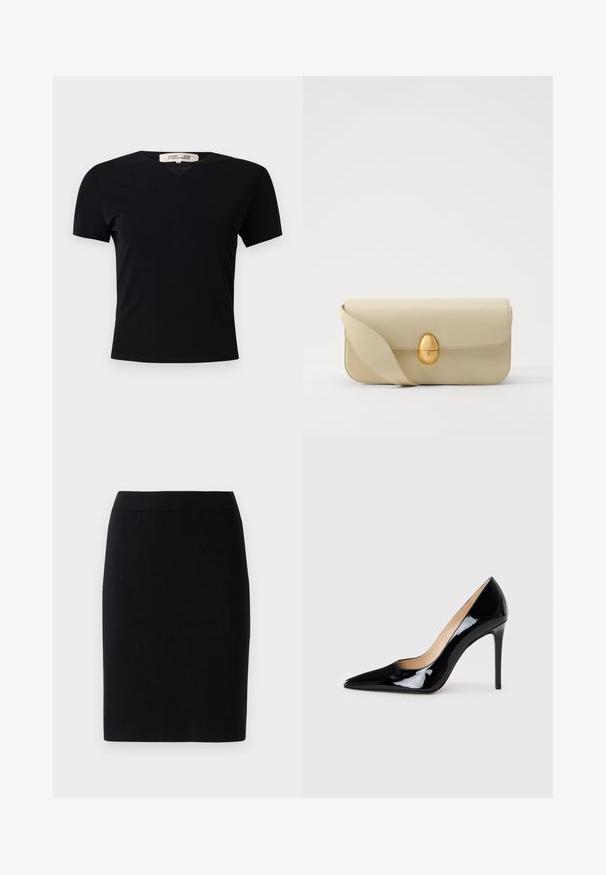 Črna kratka majica s kratkimi rokavi in V-izrezom, izdelana iz gladkega, raztegljivega materiala. Ima preprost, klasičen kroj brez okrasnih elementov.; Črna krilna krilna dolžina do kolen s elastičnim pasom na enobarvni beli podlagi.; Črne patent usnjene visoke pete s koničastim dizajnom in elegantno silhueto. Imajo gladko, sijočo površino in ozko stiletto peto.; Bež torbica iz usnja z gladko teksturo, pravokotne oblike in z zlatim ovalnim zapenjanjem. Ima dolgo, nastavljivo naramnico.