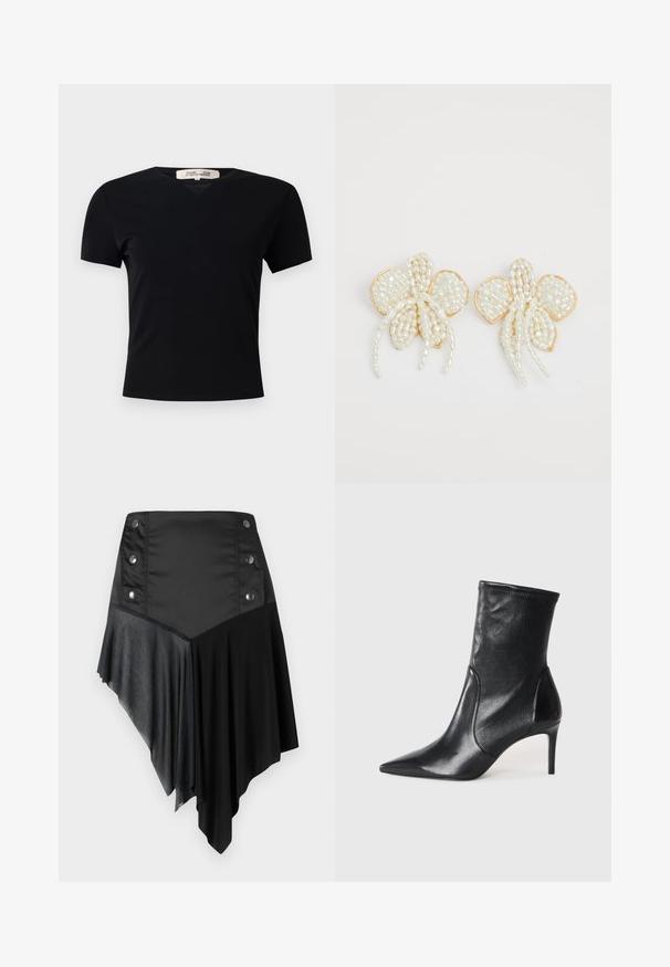 Tricou negru, cu mânecă scurtă, de tip V, confecționat dintr-un material neted și elastic. Prezintă o siluetă simplă, clasică, fără embellishments.; Fustă asimetrică neagră, realizată dintr-un amestec de țesături mate și texturate, cu detalii din nasturi argintii la talie și un design cu margine stratificată.; Bocanci negri până la gleznă, din piele netedă, cu vârf ascuțit, arbore ajustat și toc subțire înalt. Design minimalist, fără hardware vizibil.; Cercei cu flori din perlă, accentuați cu aur. Fiecare petală are mici perle rotunde dispuse într-un design floral, cu detalii de perle care se încadrează în formă de traiectorii.