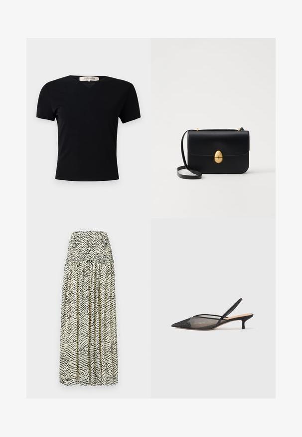 Juodas trumpas rankovės marškinėliai su V formos iškirpte, pagaminti iš lygaus, tampraus audinio. Pasižymi paprasta, klasikinė siluetu be dekoracijų.; Kreminė maksi sijonas su juoda abstrakčia raštą. Sijonas turi raukšlėtą juosmenį, klostuotą dizainą ir laisvą siluetą.; NEOUS IRENA - Klasikiniai aukštakulniai - black; Juodas odinis rankinukas su struktūrine stačiakampio forma. Yra auksinė ovali sagtis ir plona petneša. Glotni tekstūra.