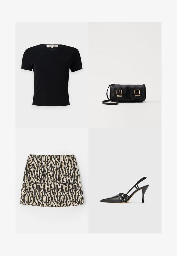 Must t-särk lühikeste varrukatega ja V-kaelusega, valmistatud siledast ja venivast kangast. Omab lihtsat ja klassikalist siluetti, millel puuduvad kaunistused.; Lühike seelik musta ja beeži abstraktse mustriga, kus on kaks eesmist taskut, mis on ääristatud musta õmblusega. Puuvillasegu kangas.; Must musta kõrgtehnoloogiline suss, terava ninaga, ristcross rihmade disainiga ja õhukese stilettokontsaga. Sile tekstuur ja minimaalne kaunistus.; Must küllastamata nahast õlakott, millel on kaks esist nähtavat taskut, kuldsed pandlad, tõmblukuga sulgemine ja peen rihm. Tekstuuriga pind ja kompaktne ristkülikukujuline kuju.; Kuldtoonilised metallist rõngas kõrvarõngad, millel on kõver ja piklik kuju. Omavad siledat, läikivat pinda ja ümarat tipptugevdust, mis lisab detaili.