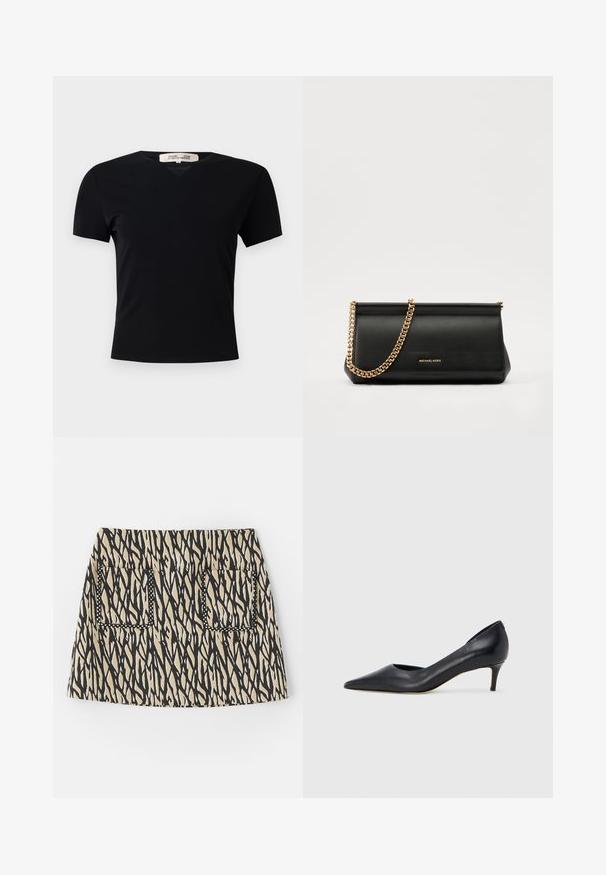 Tricou negru, cu mânecă scurtă, de tip V, confecționat dintr-un material neted și elastic. Prezintă o siluetă simplă, clasică, fără embellishments.; Fustă scurtă cu un model abstract în nuanțe de negru și bej, având două buzunare frontale conturate cu cusături negre. Material din amestec de bumbac.; Pantof din piele neagră, cu vârf ascuțit și toc mic. Are o textură netedă și un luciu subtil. Decupaj deschis în partea din față pentru un detaliu suplimentar.; Plică din piele neagră cu o curea din lanț auriu, având o textură netedă, formă rectangulară și o marcă embosată pe față.; Cercei din metal auriu, cu un design curbat și alungit. Au o suprafață netedă și strălucitoare, cu un vârf rotunjit pentru un detaliu suplimentar.