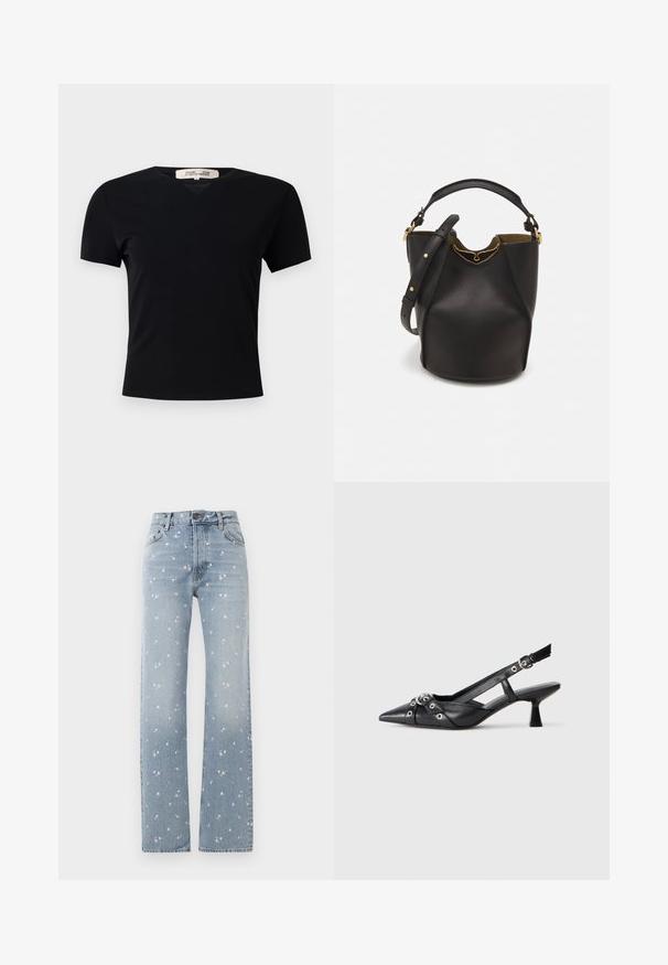 Melnā īsām piedurknēm t-krekls ar V-veida kakla izgriezumu, izgatavots no gluda, elastīga auduma. Piedāvā vienkāršu, klasisku siluetu bez rotājumiem.; Gaiši zili taisni džinsi ar izbalējušu rozā ziedu rakstu, priekšējais pogu aizdare un kabatu detaļas.; Melnas ādas šlipsveida kurpes ar norādītu purngalu, dekoratīvām joslām ar metāla acīm un zemu bloku papēdi. Teksturēta virsma.; Melnas ādas spainīša somas ar teksturētu apdari, zelta metāla aksesuāriem un atvērtu augšu. Piedāvā īsu rokturi un regulējamu plecu siksnu.