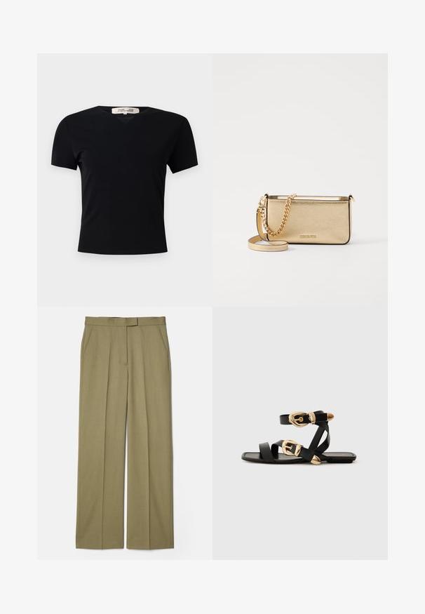 Fekete, rövid ujjú póló V-nyakkivágással, sima, rugalmas anyagból készült. Egyszerű, klasszikus fazonnal rendelkezik, díszítések nélkül.; Khaki pliszírozott nadrág egyenes szabással, texturált anyagból készült, két oldalsó zsebbel és sima derékkal.; Fekete bőr szandál arany csattal, több hevederrel és lapos talpú dizájnnal, nyitott lábujjú viselethez.; Fémes arany bőr clutch táska textured felülettel, arany lánc pánttal és levehető vállpánttal. Márkájának logója debösszel.