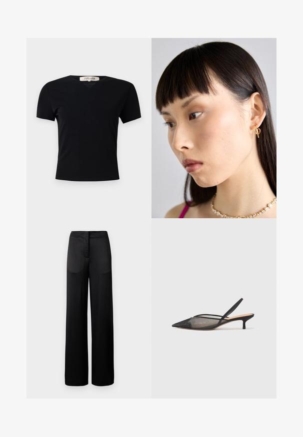 Tricou negru, cu mânecă scurtă, de tip V, confecționat dintr-un material neted și elastic. Prezintă o siluetă simplă, clasică, fără embellishments.; Pantaloni negri cu croială largă, cu o suprafață texturată, având un tiv plat și două buzunare laterale. Țesătura pare ușoară și fluidă.; NEOUS IRENA - Pantofi clasici cu toc - black; Cercel de aur purtat pe urechea dreaptă, având un design deschis. Modelul are părul drept, închis la culoare și machiaj minim.