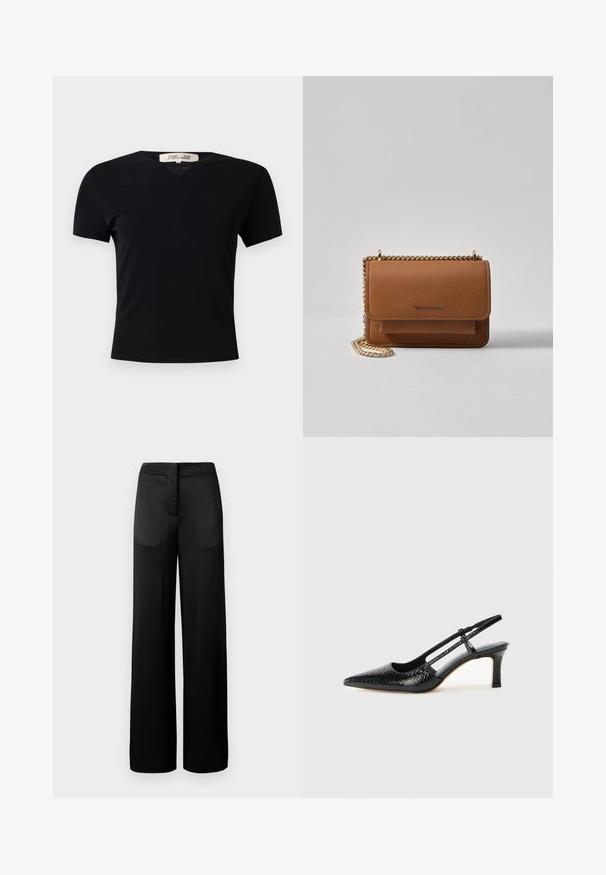 Čierne tričko s krátkym rukávom a výstrihom do V, vyrobené z hladkej, elastickej textílie. Má jednoduchý, klasický strih bez zdobenia.; Široké čierne nohavice s textúrovaným povrchom, obsahujúce plochý pás a dve bočné vrecká. Tkanina vyzerá ľahko a priedušne.; Čierne patentové slingback topánky na ihlovom podpätku s špicatou špičkou, s textúrovaným hadím vzorom, nastaviteľným popruhom a krátkym, textúrovaným blokovým podpätkom.; Hnedá textúrovaná kožená taška cez telo s zlatým reťazovým popruhom a preklopným uzáverom. Predná strana obsahuje detail s logom a vrecko pod preklopkou.