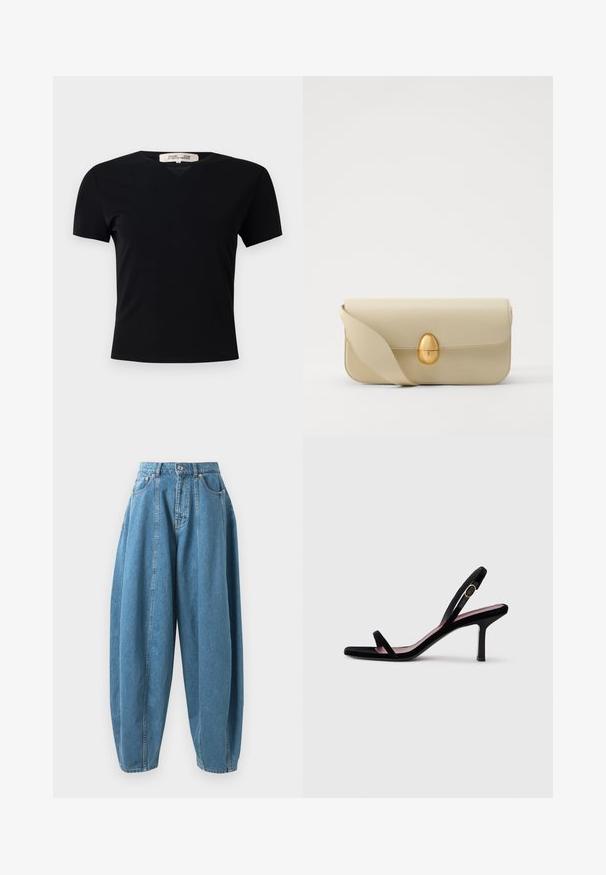Mustasa lyhythihainen t-paita V-kaula-aukolla, valmistettu sileästä ja joustavasta kankaasta. Ominaisuuksiin kuuluu yksinkertainen, klassinen siluetti ilman koristeita.; Korkeavyötäröiset, löysät siniset farkut, joissa on laskokset, etutaskut, vyölenkit sekä nappi- ja vetoketjukiinnitys.; Mustat mokkanahkaiset naisten korkokengät ohuilla remmeillä ja kultaisella soljella valkoista taustaa vasten, sivukuva.; Beige nahka käsilaukku, jossa on sileä pinta, suorakulmainen muoto ja kultainen soikea solki. Varustettu pitkällä, säädettävällä hihnalla.